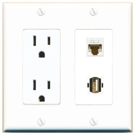 RiteAV Power Outlet and CAT6 USB2 Wall Plate Decorative [White]