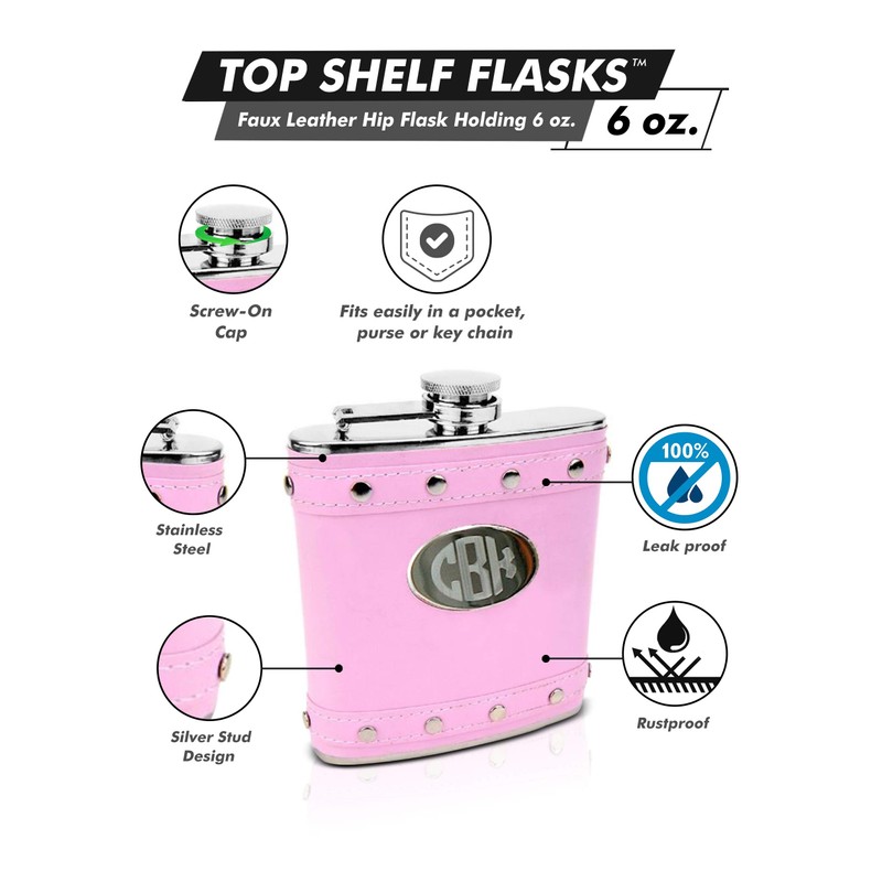 Faux Leather Hip Flask Holding 6 oz - Silver Stud