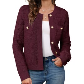 Womens Casual Basic Crew Neck Soft Open Front Cardigan Lightweight Cardigan Sweaters Wine Red