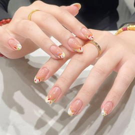 Manual Press on Nails Short Round Fake Nails Acrylic Transparent Nail Press ons White French Tip Color Dots Designs Oval Glue on Nails Glossy Artificial Stick on Nails for Women 24Pcs