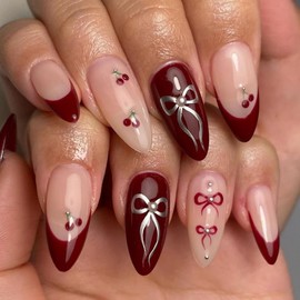 AkiliBIELY Almond Press on Nails Medium Red Cherry Silver Bare Bow Cherry Pearl French Tip Fake Nails Women Glue on Nails Acrylic Gel Stick on Nails Cute Fantasy Classy False Nails Wedding Birthday