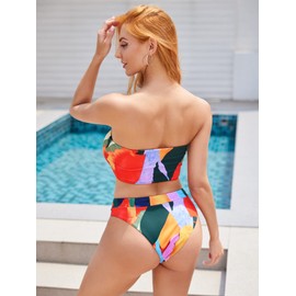 GORGLITTER - Traje de baño tipo bandeau sin tirantes, tanga de corte alto, bloque de color, lazo frontal, traje de baño, Nudo multicolor, M