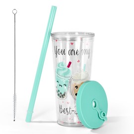 sweet grain Reuasble Boba Cup, 24 oz 100% Leak Proof and Double Wall Insulated Iced Coffee Tumbler with Reusable Plastic Straws and Straw Cleaner(Sky Blue)