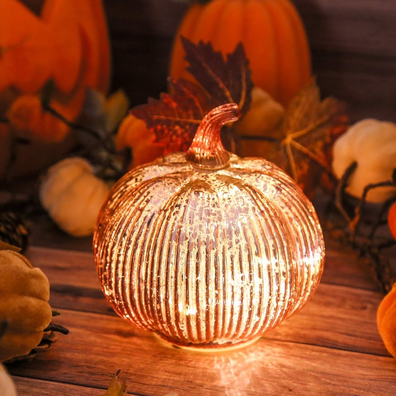 hvfun Rosegold Thanksgiving Decorative Artificial Pumpkins-Mercury Glass Light up Pumpkin