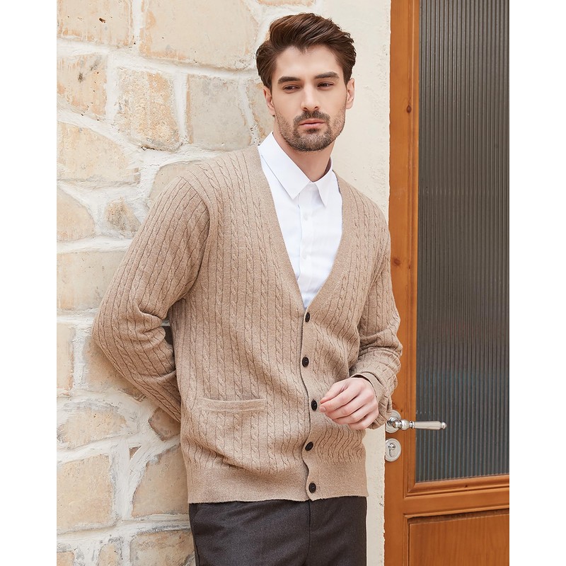 Kallspin Men's Cardigan Sweater Wool Blend V Neck Cable Knit