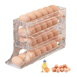 4 Levels Automatic Egg Dispenser with Rolling Function, Egg Holder for Fridge Door, Stackable Egg Organiser (30 Egg Capacity), Space-Saving & Transparent, BPA-Free Made of PP Material