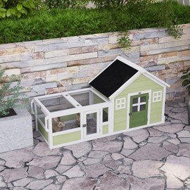 PawHut Rabbit Hutch, Outdoor Rabbit Cage or Guinea Pig Cage with Asphalt Roof, Handle, Wheels, 64 Inch Wooden Bunny Cage for Rabbits, Chickens, Ducks, Small Animals, Multicolor