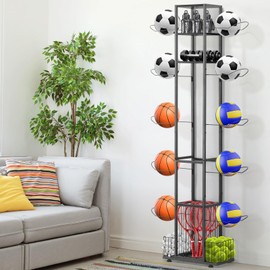 CADUKE Ball Holder Stand, Basketball Rack for Balls, 5-Tier Vertical Ball Storage for Home Garage Indoor Outdoor Ball Storage, Black