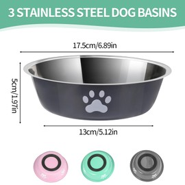 Dog Bowl Stainless Steel Set of 3 Dog Bowl Feeding Bowl Water Bowl Dog Bowl Feeding Bowl Set with Non-Slip Rubber for Small Dogs Cats (860 ml)