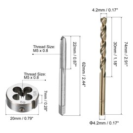 sourcing map Tap and Die and Drill Bit Set, M5 x 0.8 Left Hand Thread Milling Tap and Round Die, 4.2mm Cobalt High Speed Steel Twist Drill Bit