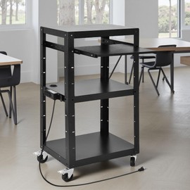 DWVO AV Presentation Cart Stand w/Power Strip & Casters, Adjustable Height Rolling Media Cart w/Keyboard Tray, Black Presentation Cart for Office, Classroom, Video Projector, TV, Computers, Printers