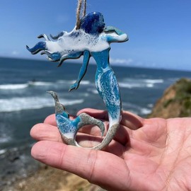 Mermaid Handmade Ornament Ocean and Beach with Resin and Real Sand - Colour: Blue Beach