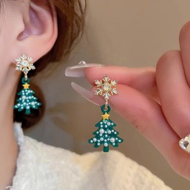 Resin Christmas Tree Dangle Earrings for Women 925 Sterling Silver Post Pin Shiny Cubic Zirconia Snowflake Pearl Drop Studs Earring Hypoallergenic Cute Lovely Holiday Xmas Festival Jewelry Gifts