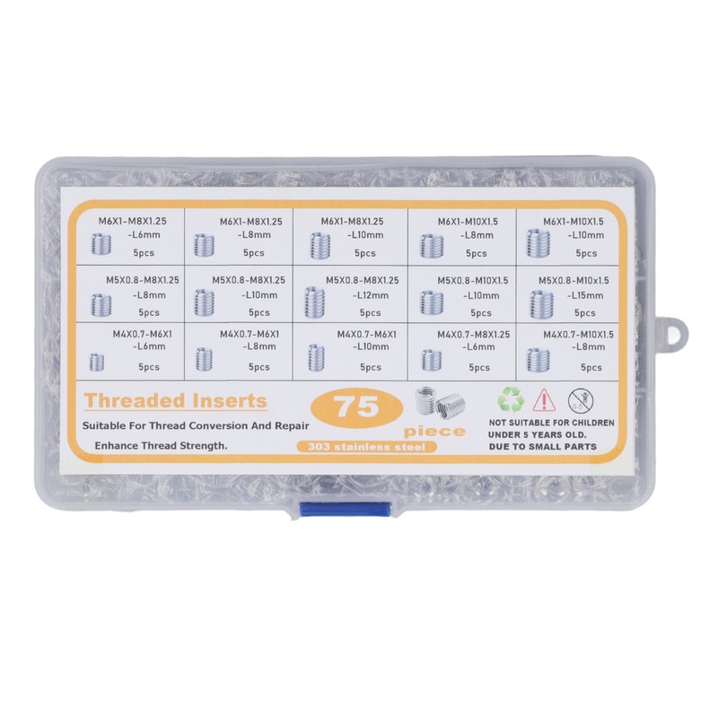 75Pcs Stainless Steel Threaded Inserts Nuts Assortment Tool Kit for