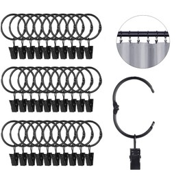 Pack of 20 Metal Curtain Rings, 38 mm Curtain Rings with Clips, Curtain Clips, Shower Curtain Metal Clips for Curtains and Curtain Rods (Black)