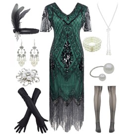 Women 1920s Gatsby Vintage Sequin Flapper Fringe Party Plus Dress with 20s Accessories Set, Style Leaf Black Green, Small