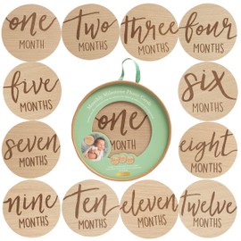 Kate & Milo Circle Prop, Round Hat Box, Monthly Milestone Marker Discs - Classic Cursive Script Wooden Discs with Reversible Photo Props for Baby Announcements