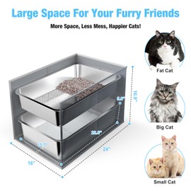 23.6" x 15.7" x 6" Stainless Steel Litter Box with Litter Box Enclosure Splash Guard for Big Cats, Multi-Cats, High Sided Sifting Litter Box for Non-clumping Litter, Easy Cleaning for Long-Lasting