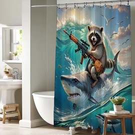 Pakena Cool Funny Animal Shower Curtain Raccoon Riding Shark Shower Curtains Set Ocean Theme Bath Curtain Fun Nautical Kids Children Bathroom Accessories Home Decor 60x72 Inch