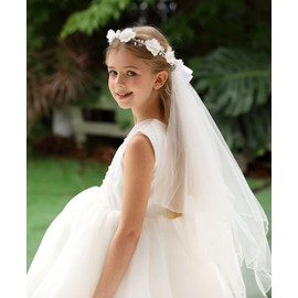 Velo de boda floral para niñas con flores y flores de primera comunión, corona de flores blancas con diamantes de imitación, Corona de perlas blancas, Talla única