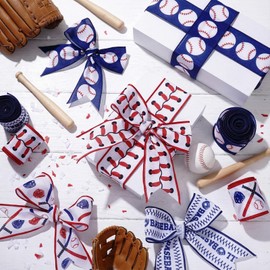 4-Roll Wired Edge Baseball Craft Ribbon - 2.5inch x 20Yards Polyester Ribbon | Sports Party Decoration Ribbons for DIY Crafts, Wreaths, Baseball Party Supplies, Gift Wrapping