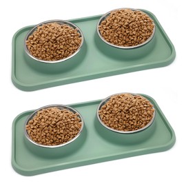 BNOSDM 2 Pcs Dog Bowls Set Stainless Steel, Plastic - 3-In-1 Design, Non-Spill Mat, Easy to Remove & Clean, Suitable for Small to Medium Pets