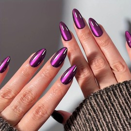 KQueenest Cat Eye Press on Nails Almond Medium, Glazed Glitter Purple Black False Nails Medium, Shiny Bling Acrylic Fake Nails Set Gothic Sparkly Stick on Nail for Women Holiday Finger Wear 30 Pcs