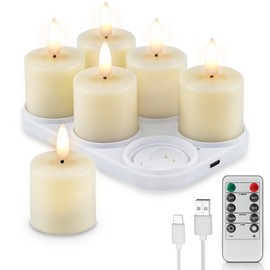Rhytsing 6 Rechargeable Flameless Votive Candles with Timer for Home Decor, Led Faux Battery Operated Tealight Candles with Charging Base, Type-C USB Cable and Remote Included - D1.6 X H2.7 inches