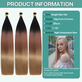 Locescsoc 28 Inch Bone Straight Braiding Hair 150g 3 Packs Straight Hair Extensions, Ariel Straight Ponytail Hair Bundles, Ombre Soft Synthetic Hair for Women (C14, 28 Inch 3 Packs)