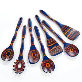 Wooden Spoons for Cooking, 7 Pcs Pakkawood Wooden Kitchen Utensil Set Includes Spatula, Corner Spoon,spaghetti spoon,salad fork,soup spoon(colorful wood)