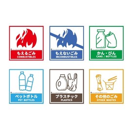 LIMEX Material Garbage Bin Separating Stickers, Set of 6, 5.1 x 5.1 inches (130 x 130 mm), Bilingual Notation, 6 Main Sorting Types (Moleish, Can, Bottle, Can, Plastic and Other Garbage)