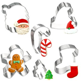 Kanehosi Christmas Cookie Cutters Large 6Pcs, Metal Christmas Hat Socks Candy Canes Santa Claus Ginger Man Mini Tree Shapes Cookie Cutters, 430 Stainless Steel Biscuit Fondant Doubt Cutter