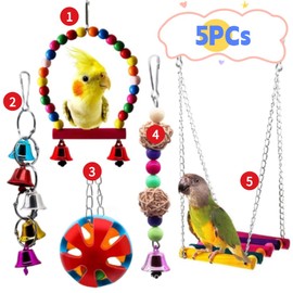 FidosFav 5 Pieces Bird Budgie Cage Swing Chewing Colorful Toys，Standing Hanging Hammock Perch ​Climbing Ladder Parrot Cage Toys for Small Parrots Parakeets Cockatiels Conures Love Birds Finches