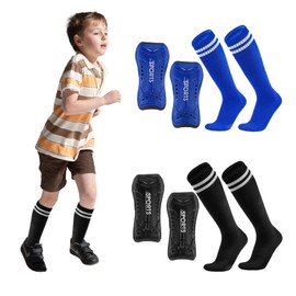 Youery Football Shin Pads Children & Adults, Breathable Shin Pads Socks, Protection for Football Games (L, Black, Blue)
