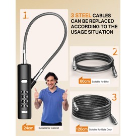 I-EASYDWW Cable Lock, 4-Digit Combination Bike Lock, with 3 Replaceable Steel Ropes (9''/23.6''/47.2''), for Bike, Luggage, Gym Locker, Gate, Fence, Cabinet, (Black, 2 Pack)