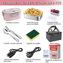 Lonchera Eléctrica Portátil 2 en 1 para Coche y Hogar, Calentador de Comida PTC 1.5L sin Agua, Antigoteo con Esponja Lavavajillas y Bolsa Térmica, Inc