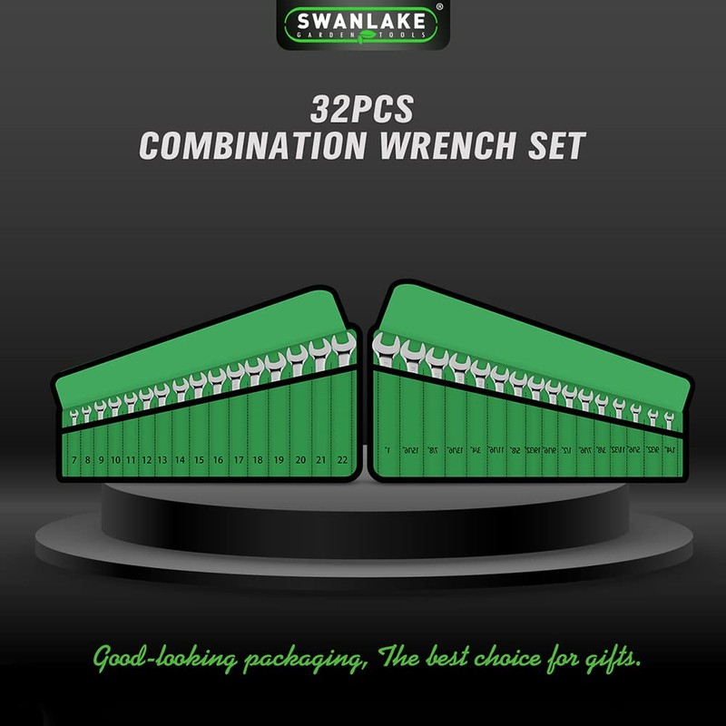 SWANLAKE 32-Piece Combination Wrench Set, SAE and Metric, 1/4"-1" &