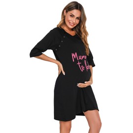Vlazom Women's Nightdress Women's Pyjamas Summer Sleepwear Maternity Clothing Women's Birth Nursing Nightdress with Full Button Placket, Style C-Black, XXL