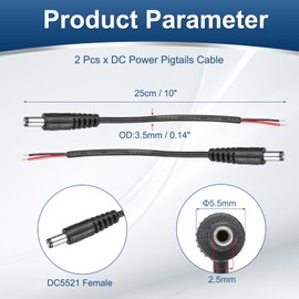 MECCANIXITY 2pcs DC Power Pigtails Cable, 5.5mm x 2.5mm Male Barrel Plug Connector to Bare Wire Open End 25cm for CCTV Camera, DVR, LED Strip