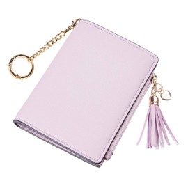 Gostwo Small Wallet Women RFID Blocking Leather Credit Card Wallet with ID Window and Zippered Coin Pocket Tassel Cute Wallet, Purple With Key Chain, Modern