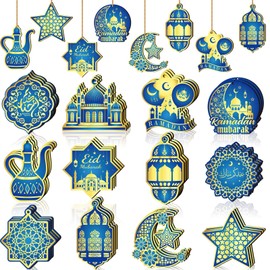 Panelee 36 Pcs Ramadan Ornaments for Tree Wooden Eid Mubarak Ornaments Hanging Castle Lantern Star Moon Islamic Ornaments Ramadan Decoration for Home(Blue Gold Colors)