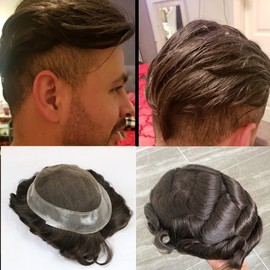 SIMBEAUTY Australian Base French Lace with PU Around Men Toupee Comfortable Human Hair Wig Wave Summer Replacement System Durable Male Capillary Prothesis (#3 (Medium Dark Brown) 8X10 inches)