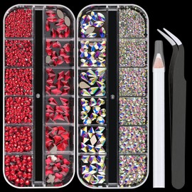 Flat Back Multi-shaped And Round Glass Nail Art Rhinestones Set 6, Crystal AB And Red Gem Bead Jewels Kits With Picker Pencil And Tweezer For Professional And Home DIY Use