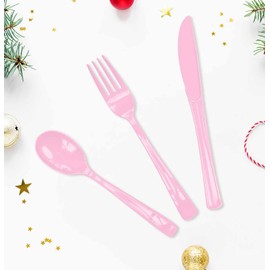 HEIPINIUYE 75 Pack Light Pink Plastic Cutlery Heavy Duty Baby Pink Plastic Knives Forks and Spoons Disposable Silverware Set for 25 Guest Camping Birthday Baby Shower Party Cutlery Set