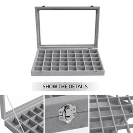 Stratalife Jewelry Organizer 40 Grid Jewelry Tray with Lid Dust-proof Velvet Earring Organizer Ring Holder Necklaces Earrings Storage Drawer Accessories Box for Women Gray