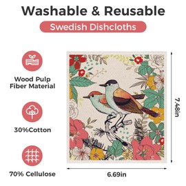 wlich 10PCS Swedish Dishcloths for Kitchen, Reusable Dish Rags for Washing Dishes with Clips, Non-Scratch Kitchen Towels and Dishcloths Sets, Washable Swedish Dish Cloths, No Odor(Birds Flowers)