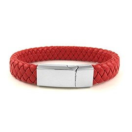 Mens Womens Stainless Steel Red Braided Leather Thick Lock Bracelet