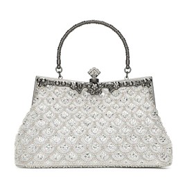 UBORSE Women Vintage Floral Beaded Rhinestone Embroidery Clutch Evening Handbag Wedding Party Purse Vintage Bags, Silver