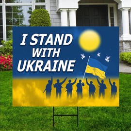 I Stand With Ukraine Yard Sign - Coroplast We Stand With Ukraine Sign, Support Ukraine, Ukrainian Flag Yard Sign with Metal H-Stake, VP331 (24'' x 18'', Single Sided), multi
