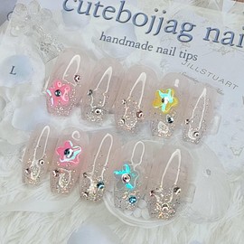 Glitter Flower Handmade Nail Tips - Oval L / 글리터 플라워 수제네일팁 - 오벌L